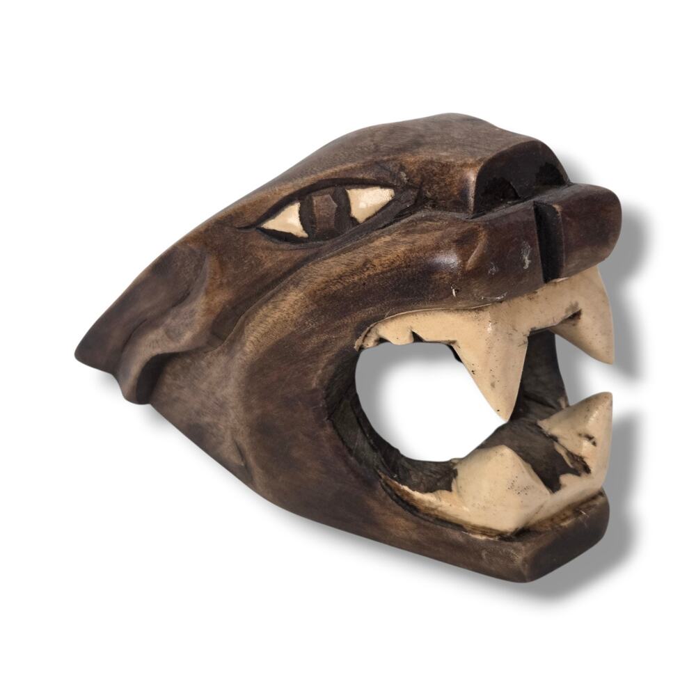 Hand Carved Panther Wood Jaguar Cat Head Folk Wall Art Mayan Aztec Sculpture